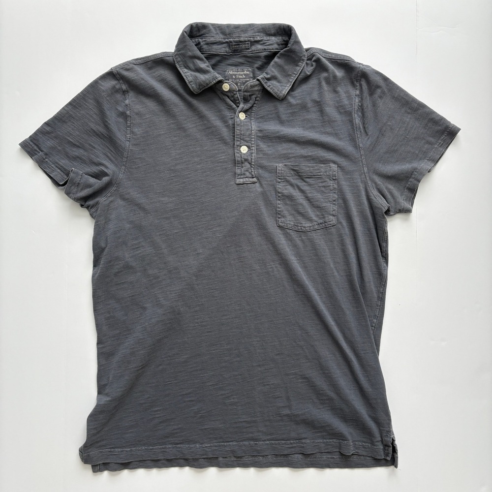 Abercrombie & Fitch 2010s Men XL Blue Gray Washed Garment Dyed Pocket Polo Shirt
